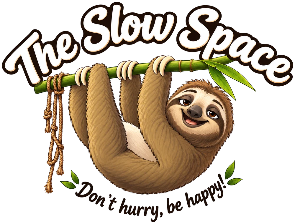 The Slow Space – Don’t hurry, be happy! Logo mit Faultier am Bambus